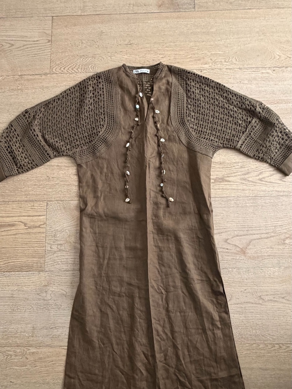 Zara Brown Crochet-Sleeve Linen Tie-Front Maxi Dress - Picture 2 of 4